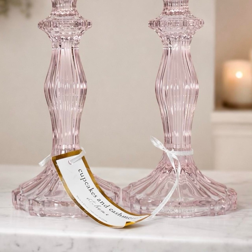 Cupcakes and Cashmere Pink Glass Taper Candle Holders Set of 2 - Picture 2 of 4